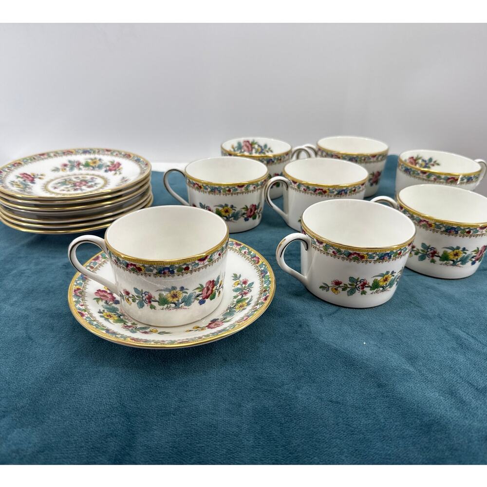 Coalport Ming Rose Floral Bone China Tea Cups Saucers England Gold Trim Set 8